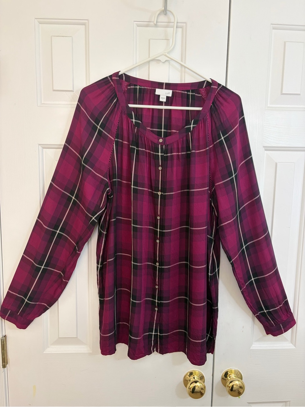 J. Jill Pink Berry Purple Plaid Peasant Collarless Button Down Tunic Top Large